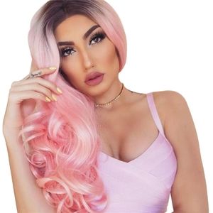 Wavy Fluffy Pink Wig Long Curly  length
